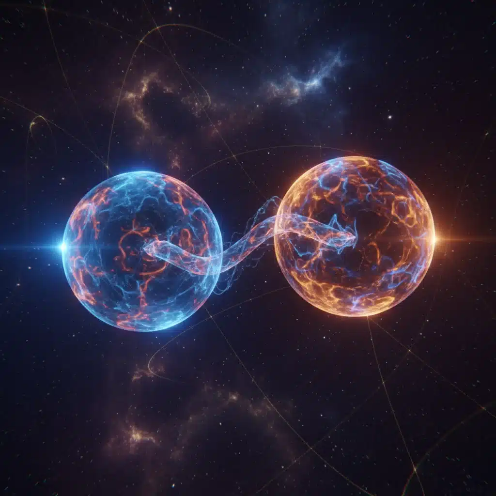 Quantum entanglement visualization with two glowing, interconnected spheres.