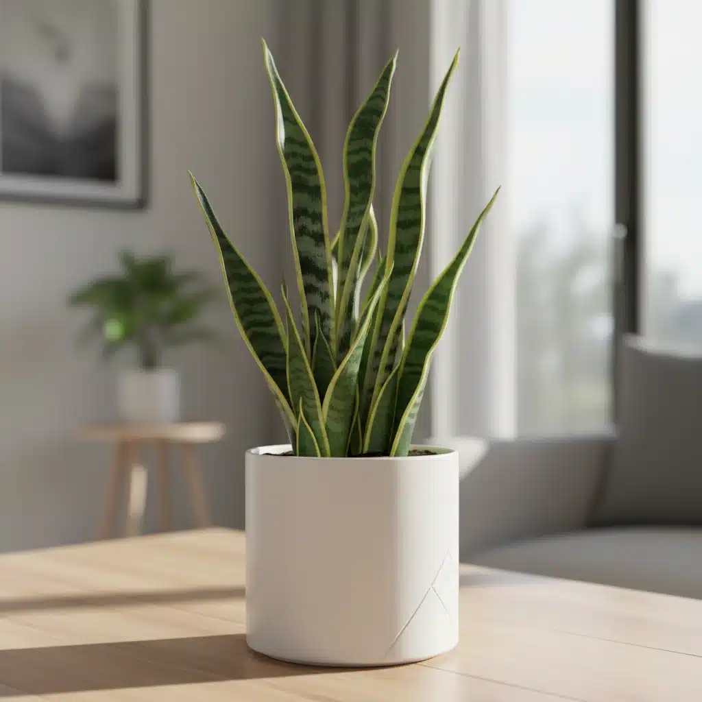 Close-up of a vibrant Snake Plant in a modern pot, showcasing its unique leaf patterns.